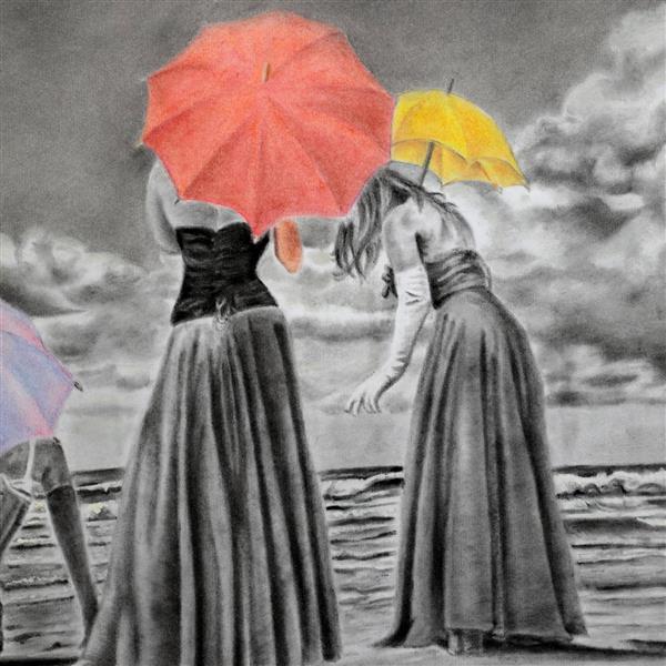 نقاشی سیاه و سفید دو زن با چتر های رنگی