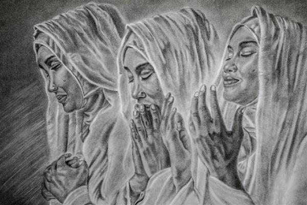 نیایش نقاشی عبادت سه زن به سبک سیاه قلم