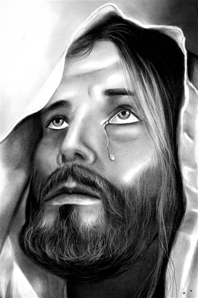 نقاشی سیاه و سفید حضرت مسیح در حال اشک ریختن