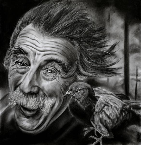 محبت نقاشی سیاه و سفید پرنده و پیرمرد شاد
