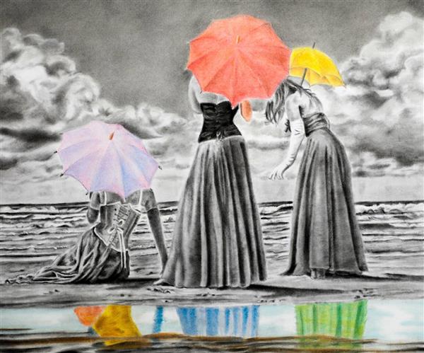 نقاشی سیاه و سفید سه زن با چتر های رنگی