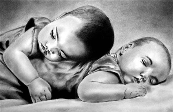 دو قلو ها نقاشی سیاه و سفید دو کودک