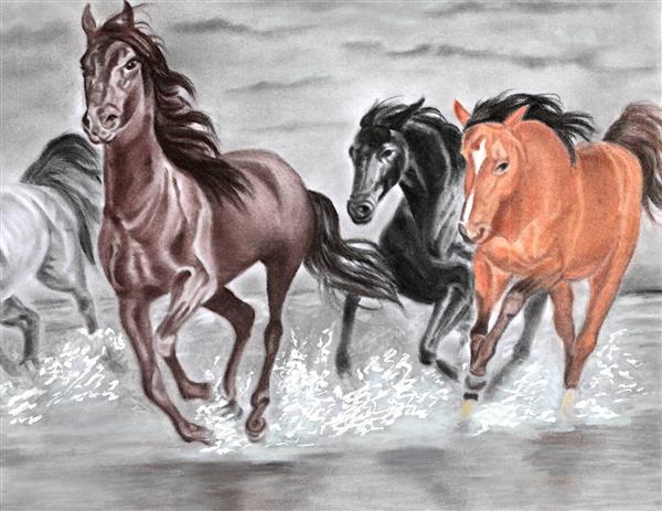 اسب ها و دریا نقاشی سیاه و سفید اسب ها در حال دویدن در آب
