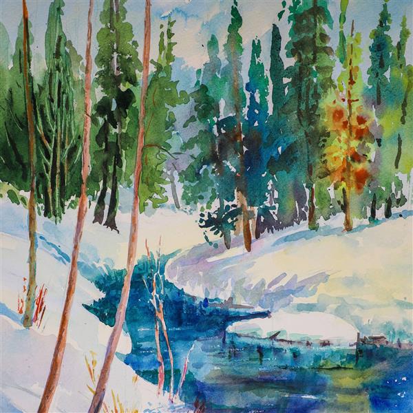نقاشی زمستان رود در میان برف ها