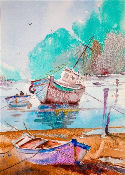 قایق و ساحل آبرنگ نقاشی