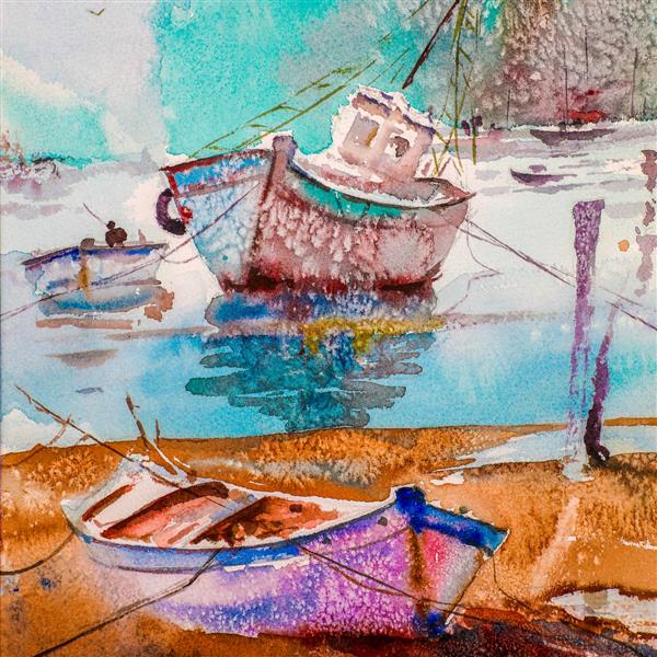 قایق و ساحل آبرنگ نقاشی رنگی