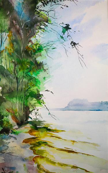 درخت و ساحل نقاشی آبرنگ
