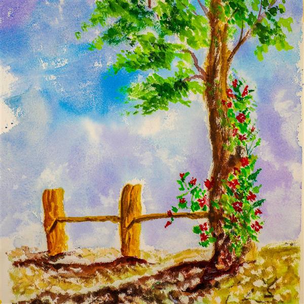 نقاشی آبرنگ درخت میوه و نرده