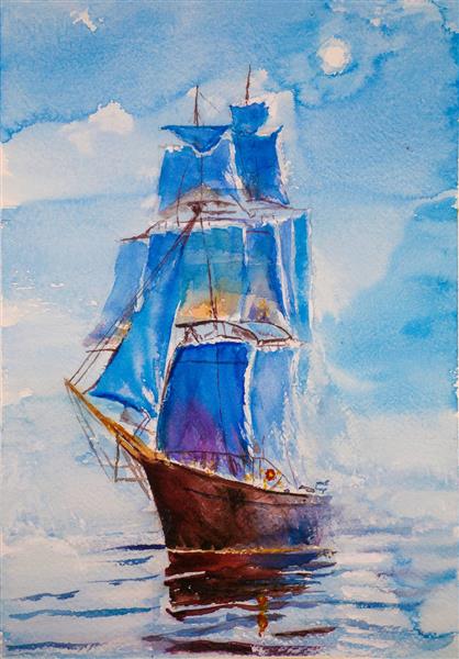 بادبان نقاشی آبرنگ کشتی بزرگ