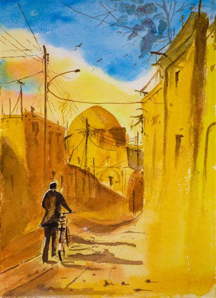 کوچه تنهایی نقاشی آبرنگ کوچه قدیمی و مرد با دوچرخه