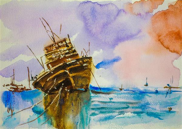 کشتی شکسته نقاشی آبرنگ
