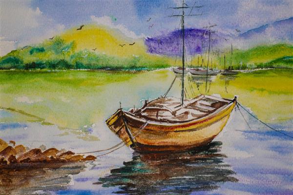 نقاشی آبرنگ منظره قایق در دریا