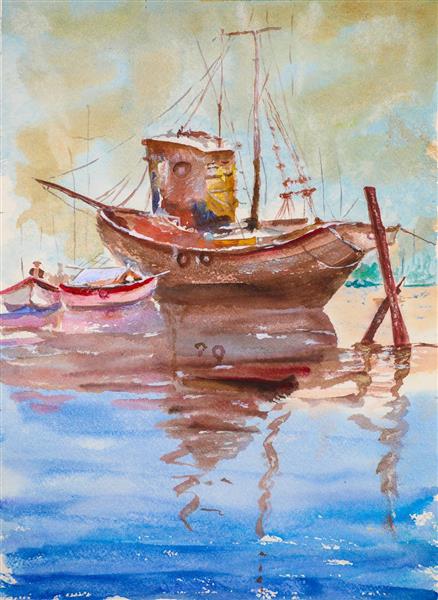 نقاشی آبرنگ قایق قهوه ای در لنگر