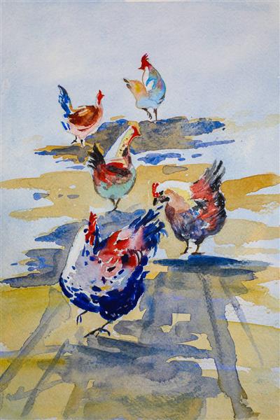 نقاشی آبرنگ مرغ ها ماکیان