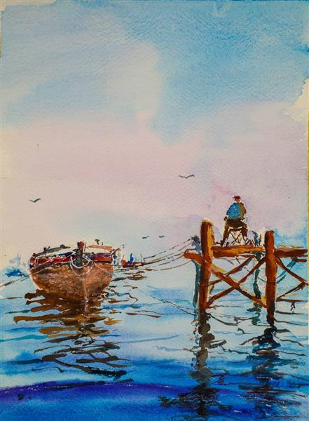 قایق و سکوی دریایی نقاشی آبرنگ