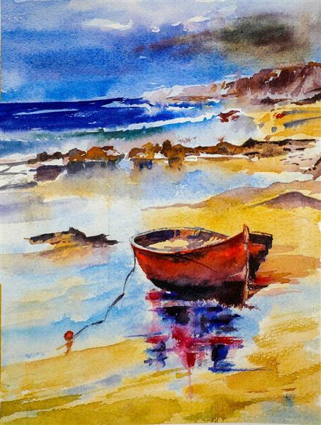 قایق در ساحل و خالی نقاشی آبرنگ