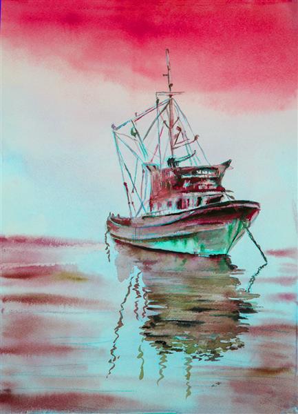 قایق در دریا نقاشی آبرنگ و آسمان قرمز