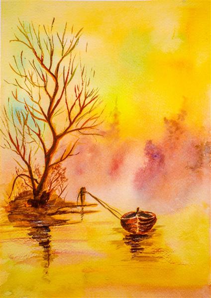 نقاشی آبرنگ درخت خشکیده و قایق