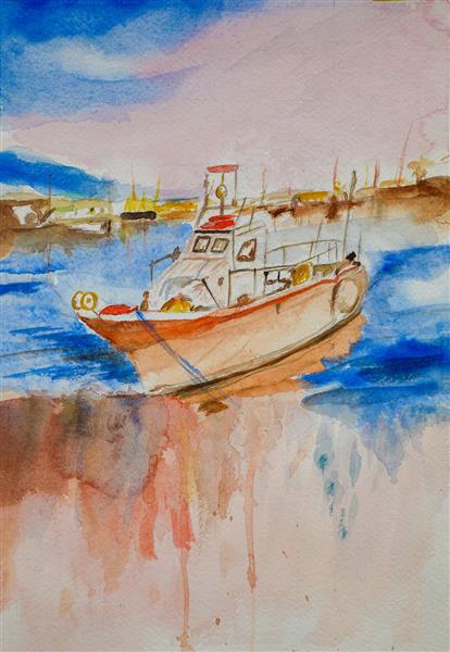 انعکاس نقاشی آبرنگ قایق سفید