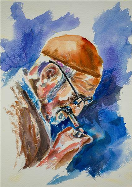 نقاشی آبرنگ پیرمرد در حال سیگار کشیدن