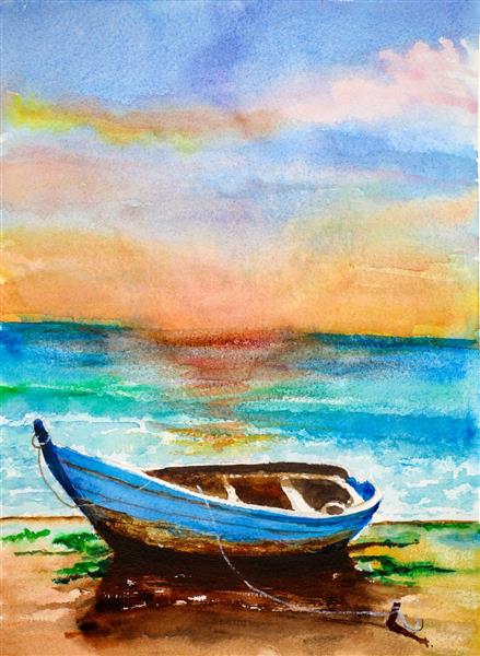 قایق و لنگرگاه نقاشی قایق آبی