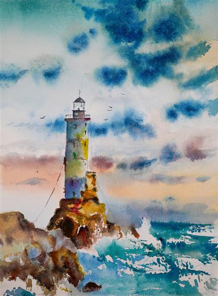 فانوس دریایی در غروب نقاشی و آسمان آبی