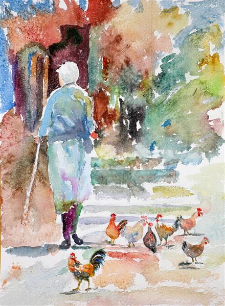 روستا نقاشیس آبرنگ زن به همراه پرندگان