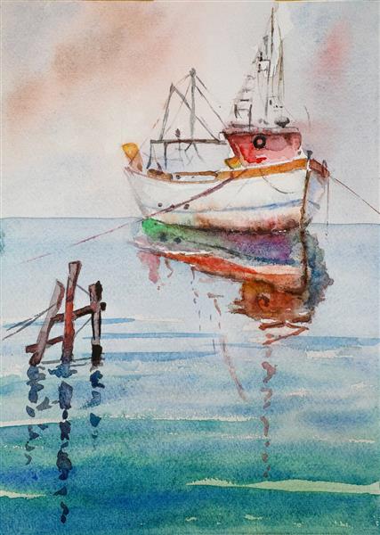لنگرگاه قایق نقاشی آبرنگ کشتی ماهیگیری