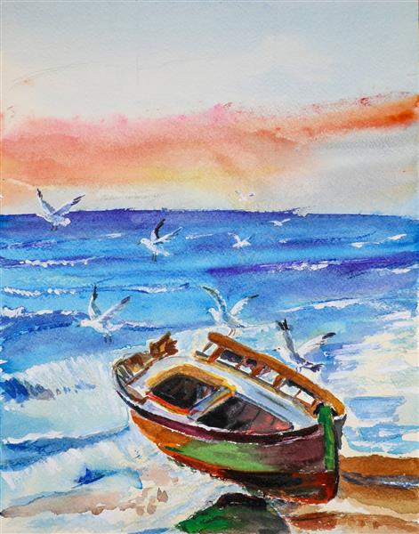 لنگرگاه قایق نقاشی آبرنگ قایق خالی و پرندگان