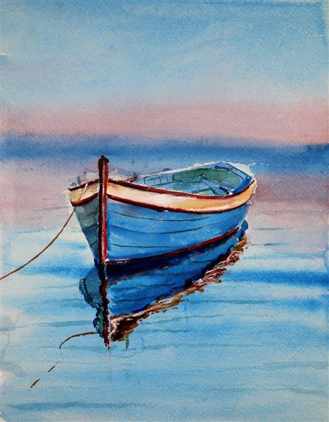 لنگرگاه قایق نقاشی آبرنگ قایق آبی