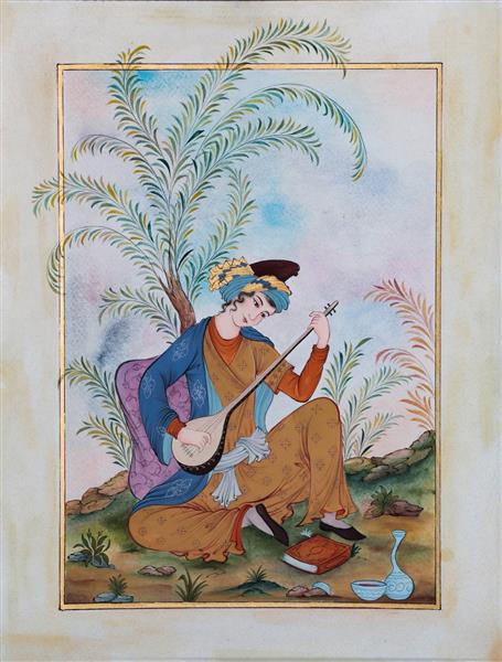 نقاشی مینیاتور مرد در حال سه تار نواختن