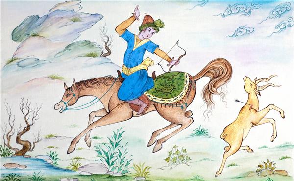 نقاشی مینیاتوری اسب سوار در حال شکار