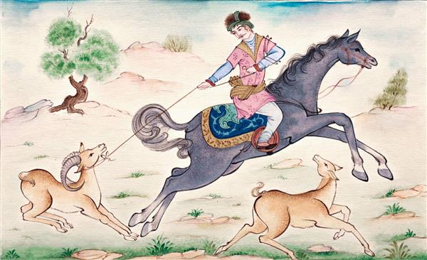نقاشی شکار اسب سوار ایرانی در جنگل