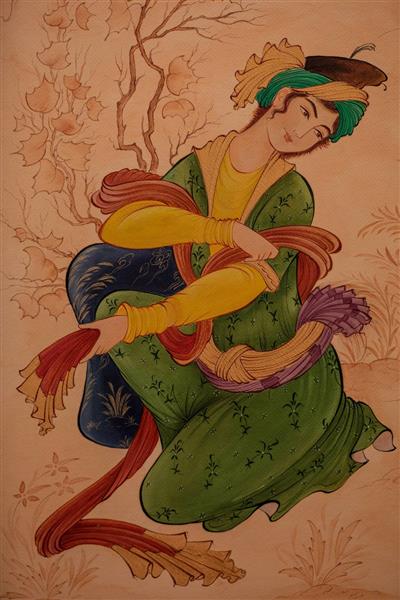 نقاشی دختر ایرانی نشسته در لباس سبز
