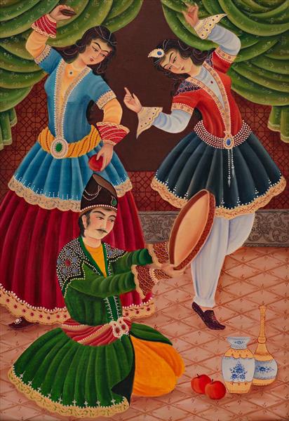 نقاشی دو دختر ایرانی و مرد نوازنده