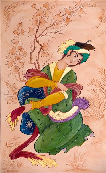 نقاشی مینیاتور دختر ایرانی در جنگل و میان درختان