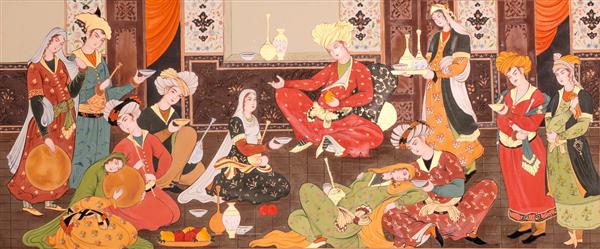 نقاشی مینیاتور خانواده ایرانی و جشن گرفتن