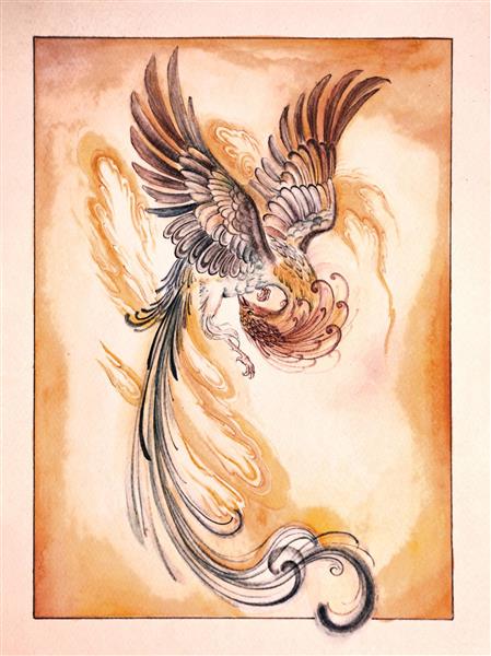 نقاشی مینیاتور پرنده افسانه ای طلایی و سفید