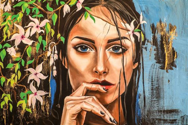 نقاشی دختر ایرانی در بین شکوفه ها و شاخه ها