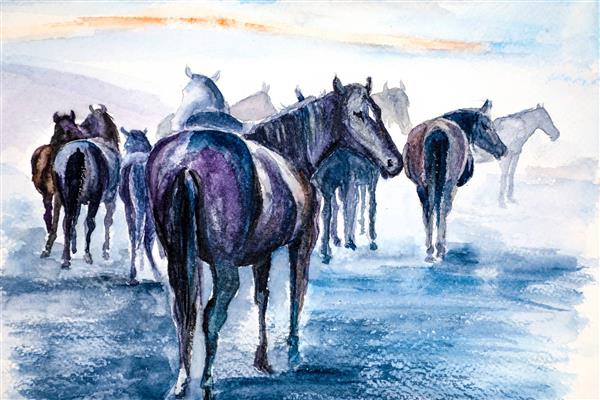 اسب های زیبا در پس زمینه آبی نقاشی رنگ روغن