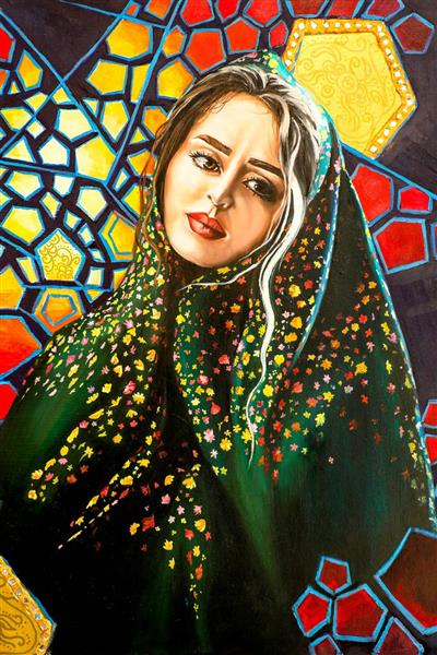 نقاشی دختر زیبای ایرانی در پس زمینه شیشه ای