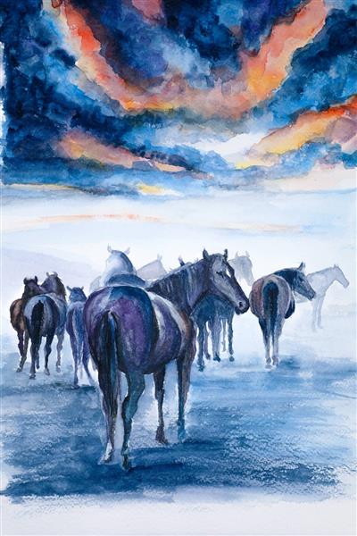 گله اسب ها زیر آسمان آبی نقاشی هنری