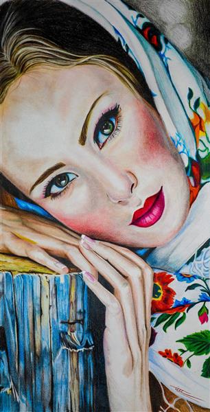 دختر دهاتی با لب های سرخ نقاشی زیبای هنری