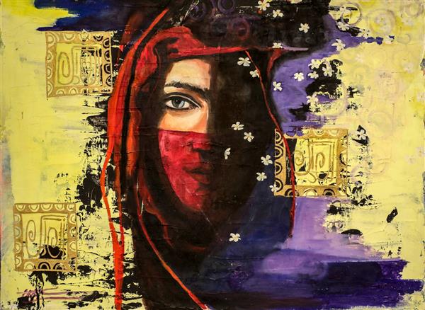 نقاشی دختر ایرانی با شال قرمز در سایه