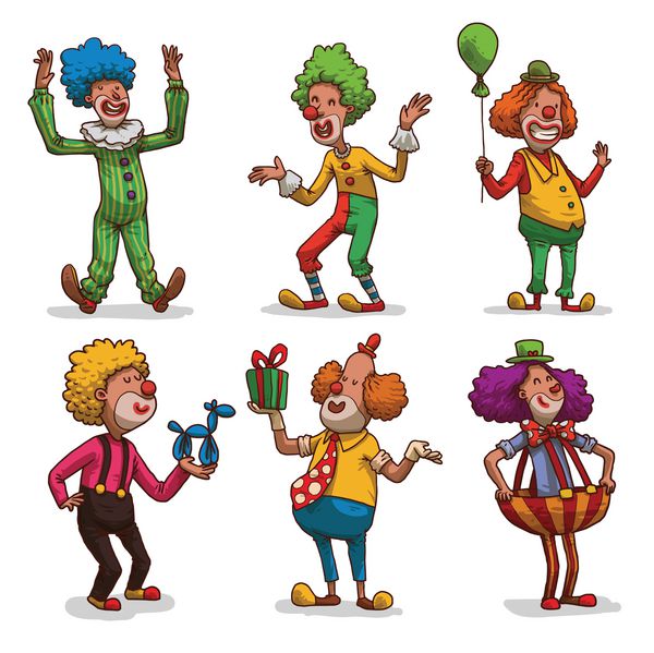 وکتور مجموعه تصاویر کارتونی از دلقک های خنده دار با رنگ موهای مختلف با لباسهای رنگارنگ در رنگهای مختلف در یک پس زمینه سبک جشنواره کودکان amp x27؛