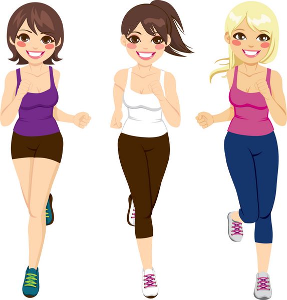 تصویر کامل بدن از سه زن زیبا که با خوشحالی در حال دویدن هستند