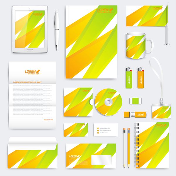 مجموعه هندسی رنگارنگ از الگوی هویت وکتور شرکت مقدمه لوازم التحریر لوازم التحریر مدرن طراحی برندینگ با خطوط سبز و زرد