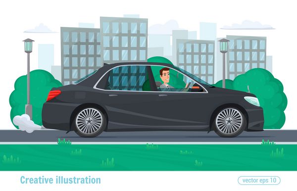 مرد تاجر موفق در شهر سوار کلاس های معتبر مشکی اتومبیل مشکی می شود کارتون تصویر برداری طرح تخت مدرن و رنگارنگ مردانه و اتومبیل