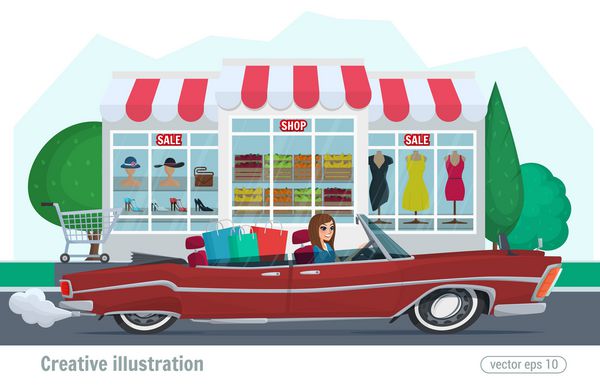 دختر با اتومبیل در حال رانندگی در جاده بر روی مبدل قرمز سوار می شود کارتون تصویر برداری کارتون زنانه و یکپارچهسازی با سیستمعامل فروشگاهی با طراحی تخت مدرن و رنگارنگ