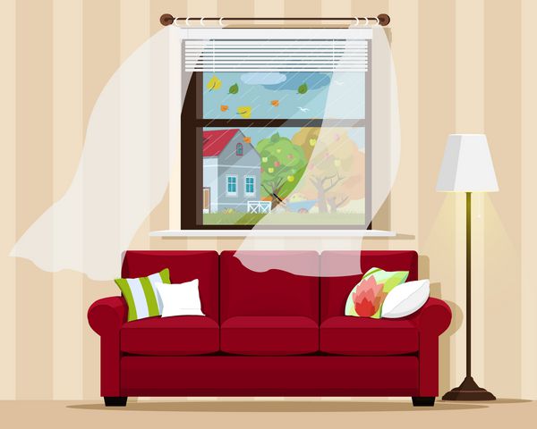 فضای داخلی شیک و راحت با مبل لامپ پنجره و چشم انداز پاییزی تصویر برداری به سبک تخت